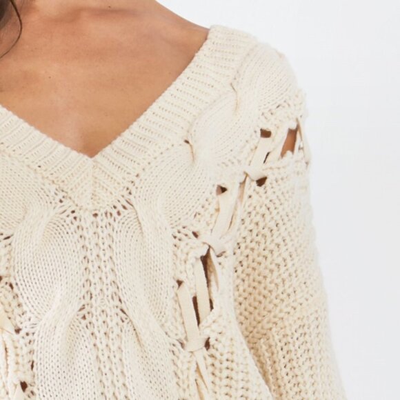 Beige Laced Up Off Shoulder V Neck Tunic Sweater - Picture 7 of 10